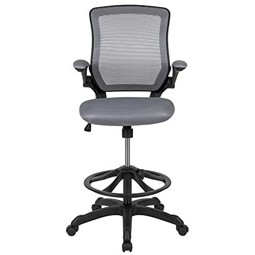 Flash Furniture Mid-Back Dark Gray Mesh Ergonomic Drafting Chair with Adjustable Foot Ring and Flip-Up Arms - Image 6