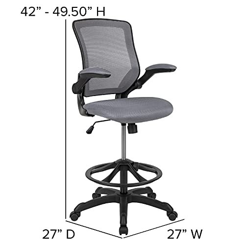 Flash Furniture Mid-Back Dark Gray Mesh Ergonomic Drafting Chair with Adjustable Foot Ring and Flip-Up Arms - Image 10