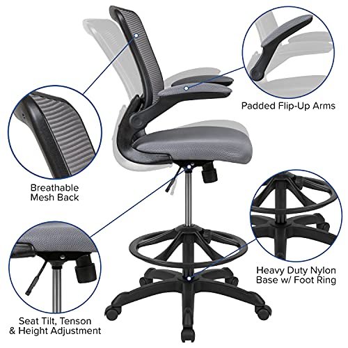 Flash Furniture Mid-Back Dark Gray Mesh Ergonomic Drafting Chair with Adjustable Foot Ring and Flip-Up Arms - Image 11