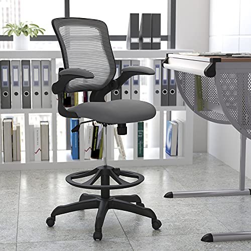 Flash Furniture Mid-Back Dark Gray Mesh Ergonomic Drafting Chair with Adjustable Foot Ring and Flip-Up Arms